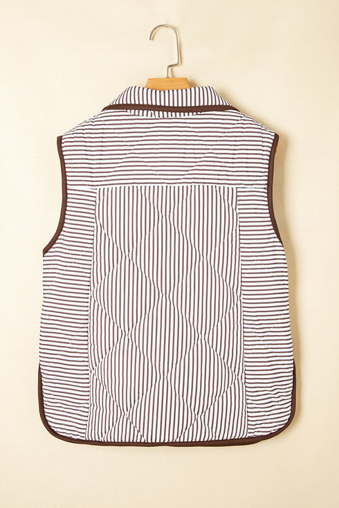 Striped Quilted Snap Front Contrast Trim Collared Vest